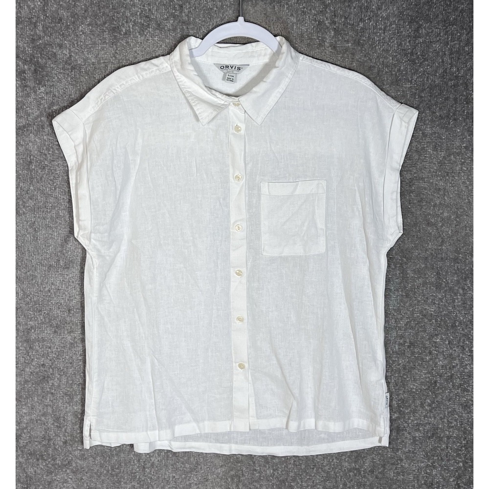 Orvis Linen Blend Button Up Top Womens Sz Small White Pocket Cuffed Coastal